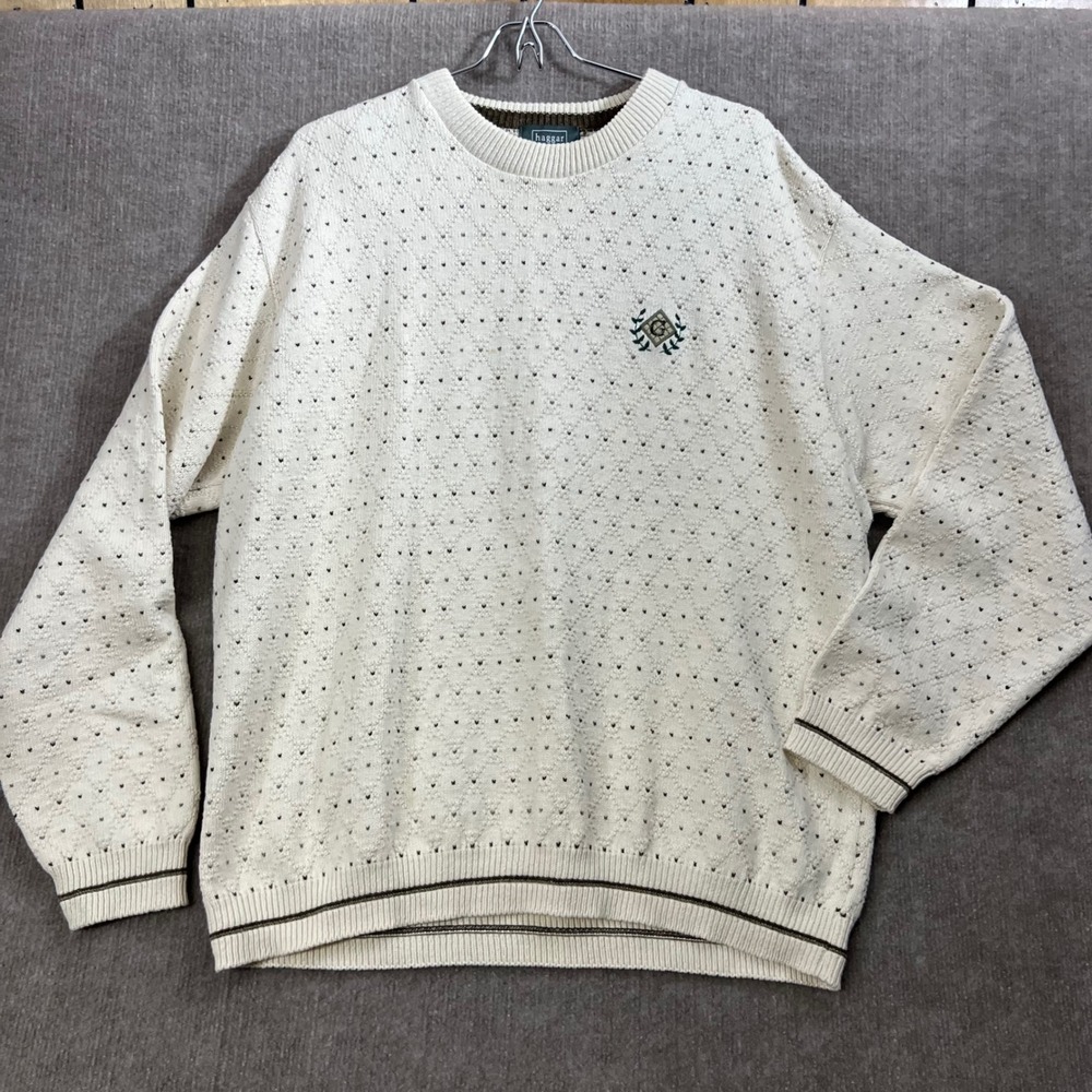 Haggar Tour Mens XL Cream Knit Sweater Cotton Golf Diamond Logo Pullover